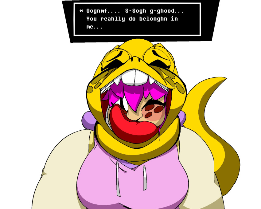 5:4 alphys ambiguous_gender ambiguous_prey anthro anthro_pred big_mouth_(disambiguation) big_tongue blush bonni_(artist) breasts buckteeth clothed clothing dialogue dialogue_box duo english_text eyes_closed eyewear female female/ambiguous female_pred glasses hair hi_res hoodie human human_on_anthro human_prey in_mouth interspecies lizard looking_pleasured mammal neck_bulge non-mammal_breasts one_eye_closed open_mouth open_smile oral_vore pink_hair reptile scales scalie simple_background smile sweatshirt tan_body tan_skin teeth text thick_tail tongue topwear undertale video_games vore yellow_body yellow_scales