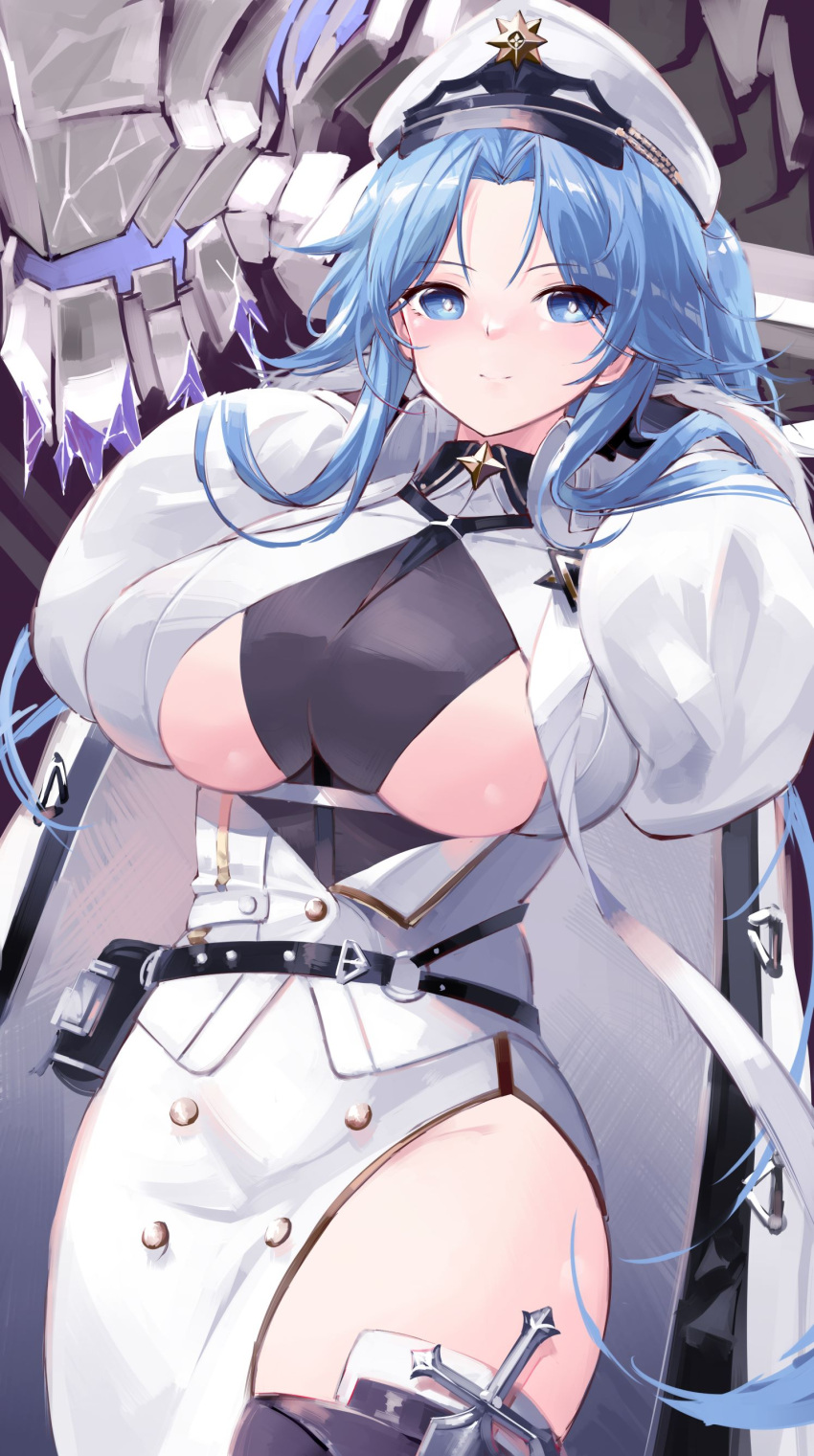 1girl absurdres azur_lane bangs belt belt_pouch between_breasts black_belt black_undershirt blue_eyes blue_hair breasts closed_mouth coat coat_on_shoulders collared_shirt commentary_request dagger eyes_visible_through_hair hands_up highres large_breasts long_hair long_sleeves looking_at_viewer o-ring_belt open_clothes open_shirt parted_bangs pouch puffy_sleeves revealing_clothes sakkama shirt side_slit sidelocks skirt skirt_set smile solo sovetskaya_belorussiya_(azur_lane) underboob very_long_hair weapon white_coat white_headwear white_shirt white_skirt