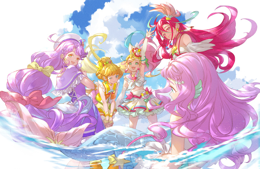 5girls :d ;) arm_up beret blonde_hair blue_eyes blue_sky cloud commentary_request cure_coral cure_flamingo cure_papaya cure_summer day hat hoshi_(xingspresent) ichinose_minori laura_(precure) long_hair looking_at_viewer magical_girl mermaid midriff monster_girl multicolored_hair multiple_girls natsumi_manatsu one_eye_closed open_mouth partially_submerged pink_hair precure purple_hair red_eyes red_hair skirt sky smile suzumura_sango takizawa_asuka tropical-rouge!_precure water white_headwear white_skirt yellow_eyes