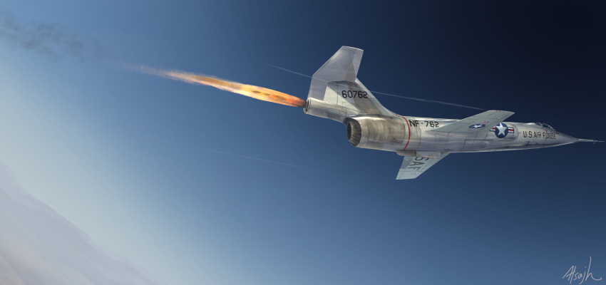absurdres aircraft airplane atsajh f-104_starfighter fighter_jet flying from_side highres jet lockheed_martin military military_vehicle no_humans rocket_engine smoke solo thrusters united_states_air_force vehicle_focus