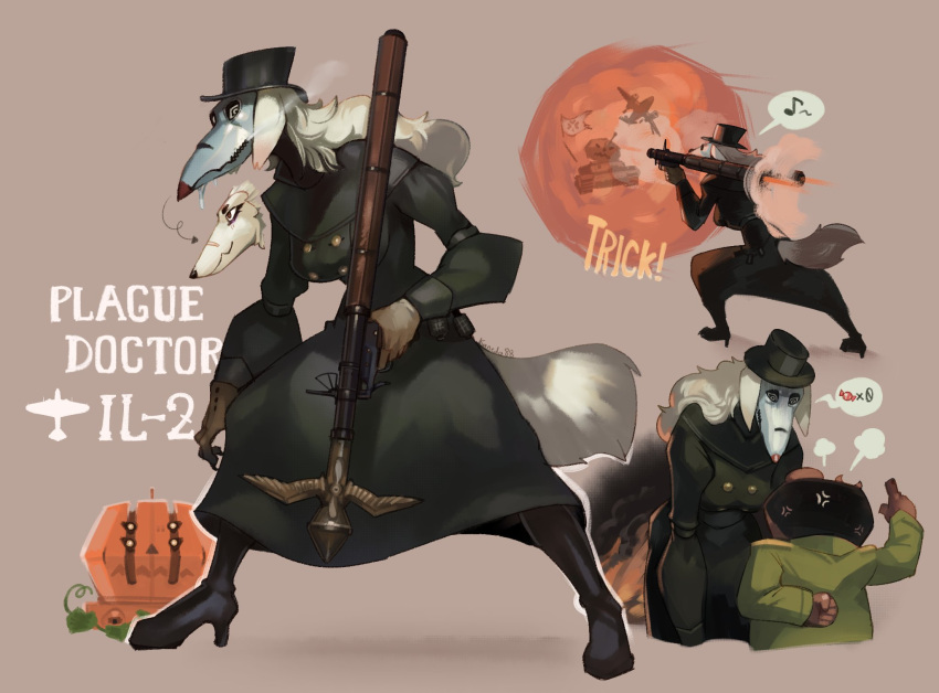 2020 aircraft airplane ambiguous_gender anthro boots canid canine clothed clothing english_text explosion explosives female food footwear fruit fully_clothed gun hat headgear headwear hi_res hideki_kaneda high_heeled_boots jack-o'-lantern kemono mammal mask plant pumpkin ranged_weapon rocket_launcher shoes solo_focus tank text top_hat vehicle weapon