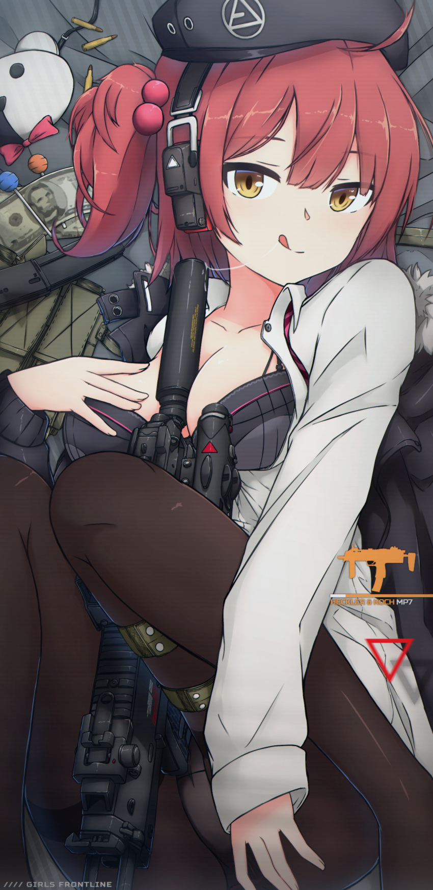 1girl absurdres ahoge beret breasts girls_frontline gun h&amp;k_mp7 hat highres medium_breasts mp7_(girls_frontline) pantyhose partially_undressed red_hair saliva saliva_trail short_hair solo submachine_gun tongue tongue_out weapon xandier59 yellow_eyes