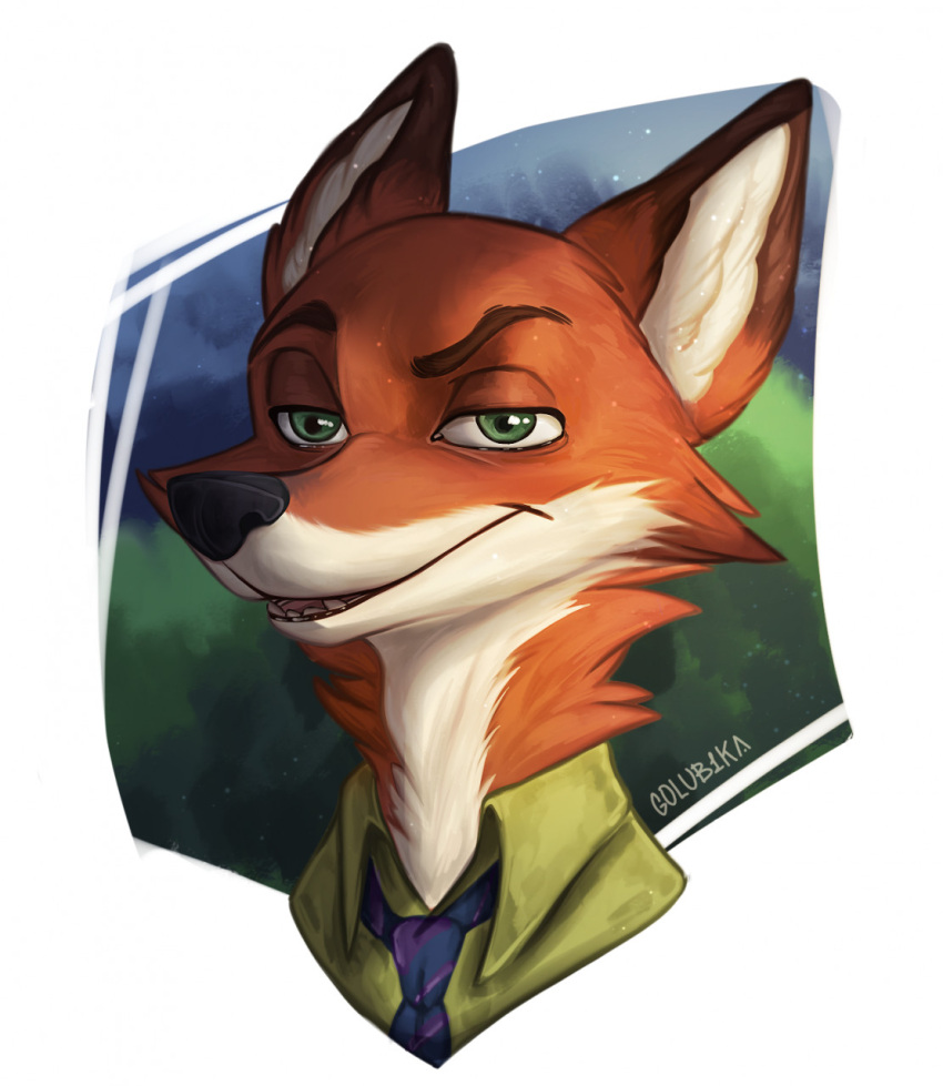 2021 anthro black_nose canid canine clothed clothing disney fox fur golub1ka green_eyes hi_res light lighting male mammal necktie nick_wilde orange_body orange_fur red_fox shirt signature solo topwear white_body white_fur zootopia