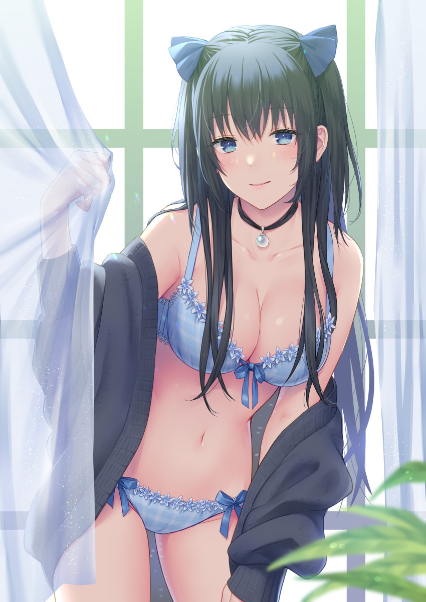 1girl absurdres bare_shoulders black_choker black_hair black_jacket blue_bra blue_eyes blue_panties bra breasts cameltoe choker cleavage collarbone cowboy_shot daidai_jamu front-tie_bra front-tie_top hair_ribbon highres jacket long_hair long_sleeves looking_at_viewer medium_breasts moe2021 navel off_shoulder open_clothes open_jacket original panties ribbon side-tie_panties sidelocks smile solo stomach thighs underwear underwear_only