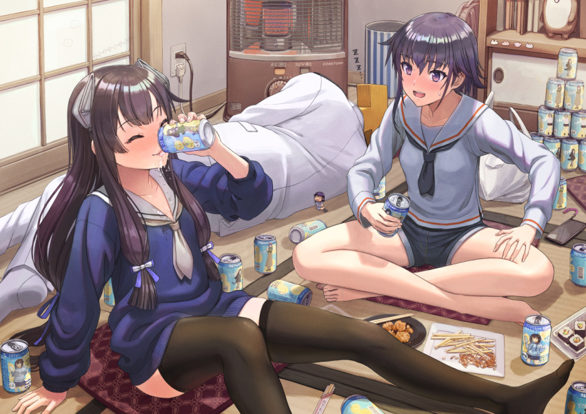 1boy 3girls admiral_(kancolle) alcohol asymmetrical_hair bare_legs barefoot black_hair black_legwear black_neckwear black_shorts blue_sailor_collar blue_serafuku blush bokukawauso brown_eyes can cellphone chopsticks closed_eyes collarbone cushion drinking drunk ehoumaki electric_plug electric_socket eyebrows_visible_through_hair fairy_(kancolle) food hayasui_(kancolle) heater holding holding_can i-14_(kancolle) i-47_(kancolle) kantai_collection karaage long_hair long_sleeves low-tied_long_hair makizushi military military_uniform multiple_girls naval_uniform pants phone sailor_collar school_uniform serafuku short_hair shorts sidelocks sitting smartphone sushi t-head_admiral tantaka tatami thighhighs toes uniform white_neckwear white_pants white_sailor_collar zabuton