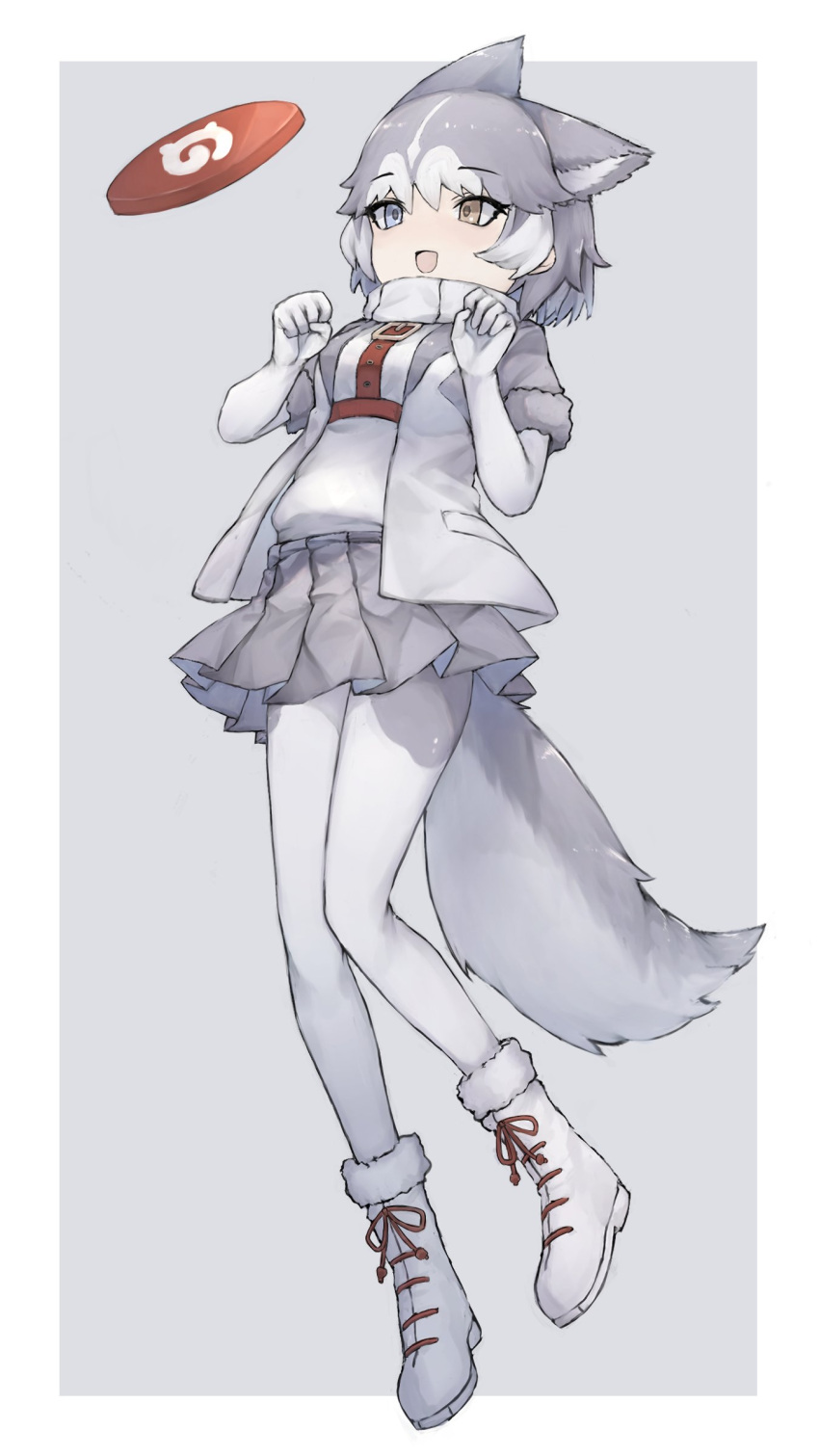 1girl :d absurdres alenka animal_ears blue_eyes blush boots commentary dog_(mixed_breed)_(kemono_friends) dog_ears dog_girl dog_tail elbow_gloves extra_ears eyebrows_visible_through_hair frisbee full_body fur_trim gloves grey_background grey_hair grey_jacket grey_legwear grey_skirt harness heterochromia highres jacket japari_symbol kemono_friends midair multicolored_hair open_mouth pantyhose paw_pose pleated_skirt scarf short_hair simple_background skirt smile solo sweater tail two-tone_hair two-tone_jacket two-tone_legwear white_footwear white_gloves white_hair white_jacket white_legwear white_scarf white_sweater yellow_eyes