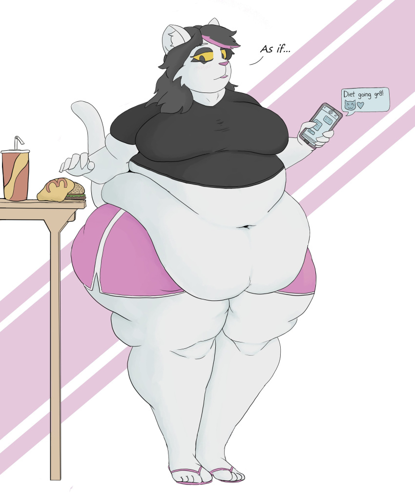 &lt;3 absurd_res anthro belly belly_overhang beverage big_belly big_breasts black_hair bodypaint bottomwear breasts burger catti_(deltarune) claws clothed clothing deep_navel deltarune dialogue domestic_cat english_text eyeshadow face_paint fast_food felid feline felis female food footwear front_view fur furniture hair hi_res highlights_(coloring) holding_object holding_phone inksplot inner_ear_fluff love_handles makeup mammal midriff navel obese obese_anthro obese_female open_mouth overweight overweight_anthro overweight_female phone pink_highlights reaching sandals shirt shorts simple_background soda solo standing table text text_message thick_thighs tight_clothing tight_shirt tight_topwear topwear tuft video_games weight_gain whiskers white_body white_fur wide_hips