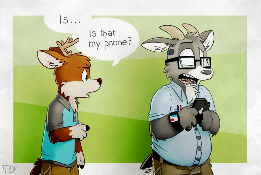 anthro antlers apple_watch bovid brown_body brown_fur caprine cellphone cervid clothing darwin_(tinydeerguy) dialogue duo eating english_text eyewear fur gary_(tinydeerguy) glasses goat grey_body grey_fur horn khaki_pants male mammal open_mouth overweight overweight_male oxford_shirt pens phone pocket_protector polo_shirt shirt tan_body tan_fur teeth_showing text tinydeerguy tongue_showing topwear white_body white_fur