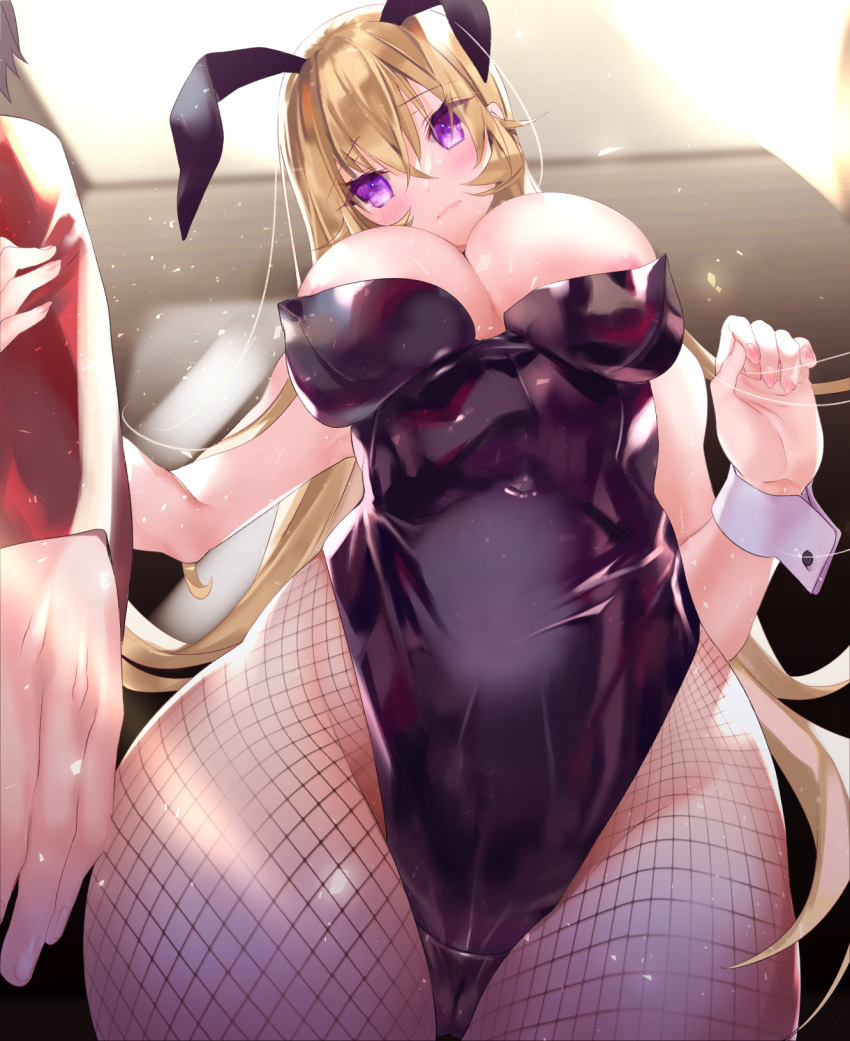 animal_ears blonde_hair breasts bunny_ears covered_navel cuffs fake_animal_ears fishnets from_below highres kumatora_tatsumi large_breasts long_hair original playboy_bunny purple_eyes