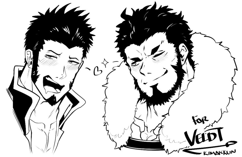 2boys ahegao artist_name bara beard blush cape collarbone collared_jacket collared_shirt commission couple cropped_shoulders facial_hair fate/grand_order fate_(series) fur-trimmed_cape fur_collar fur_trim goatee greyscale head_tilt heart iskandar_(fate) kimakkun long_sideburns looking_at_another looking_away looking_to_the_side male_cleavage male_focus mature_male monochrome mouth_drool multiple_boys muscular muscular_male napoleon_bonaparte_(fate) naughty_face one_eye_closed open_mouth pectorals second-party_source shirt short_hair smile sparkle yaoi
