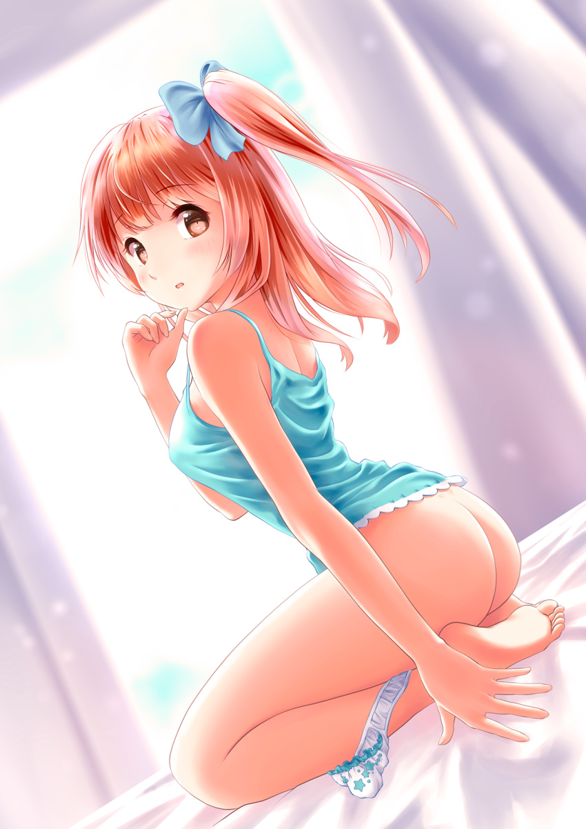 1girl ass bangs blonde_hair blue_bow blush bow breasts brown_eyes eyebrows_visible_through_hair hair_bow hair_ornament highres looking_at_viewer medium_breasts medium_hair moe2021 navel open_mouth original panties panties_around_one_leg ponnetsu seiza short_hair simple_background sitting smile solo undershirt underwear white_panties