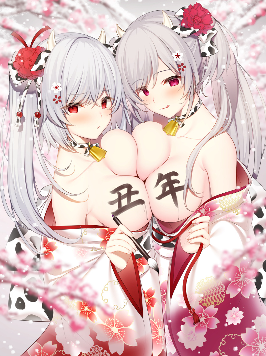 animal_ears breasts horns kimono miko_92 no_bra open_shirt rabi raco symmetrical_docking