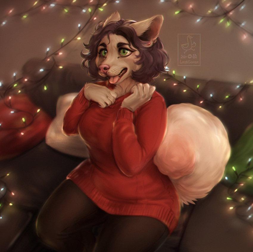 anthro canid canine canis clothed clothing ear_piercing female fur furniture garland green_eyes hair hi_res lostgoose mammal overweight overweight_anthro overweight_female piercing sofa solo tan_body tan_fur x-mas