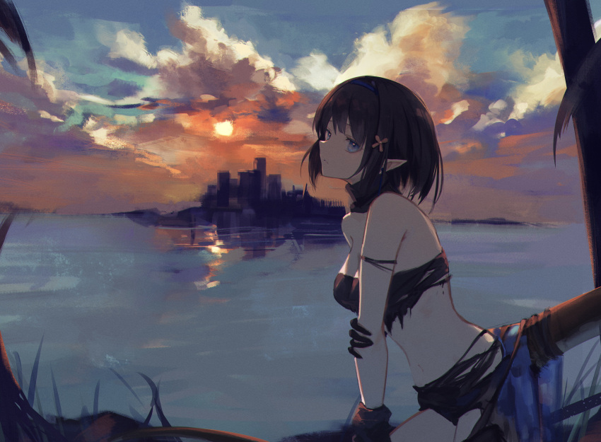 7ife arknights blue_eyes clouds dark eunectes_(arknights) pointed_ears sky sunset tail torn_clothes water