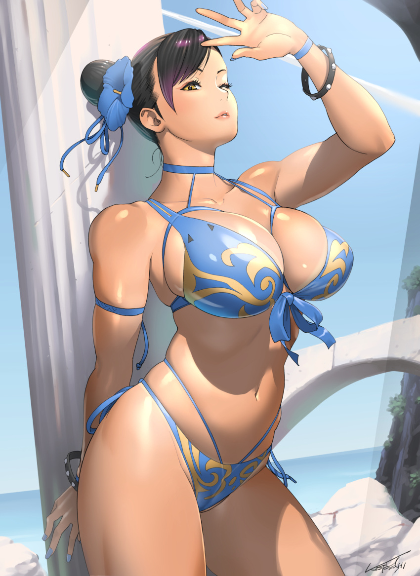 1girl bare_shoulders bikini bracelet breasts chun-li flower hair_bun hair_ornament highres jewelry kotoyoshi_yumisuke large_breasts lips muscular muscular_female navel one_eye_closed outdoors parted_lips solo stomach street_fighter swimsuit tanline_peek thick_thighs thighs yellow_eyes