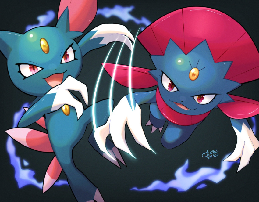 :d claws commentary_request dated eyelashes fangs gen_2_pokemon gen_4_pokemon highres looking_at_viewer motion_lines no_humans okoge_(simokaji) open_mouth pokemon pokemon_(creature) purple_eyes shiny signature smile sneasel tongue weavile