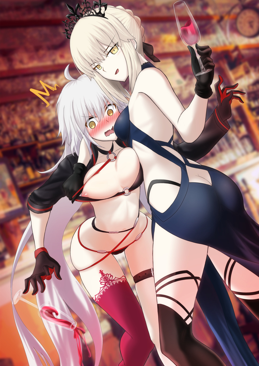 2girls ^^^ absurdres alcohol artoria_pendragon_(all) artoria_pendragon_(alter_swimsuit_rider)_(fate) ass assisted_exposure bangs bare_shoulders bikini black_bikini black_choker black_dress black_gloves black_legwear black_ribbon blonde_hair blurry blurry_background blush braid breasts choker commentary crown_braid cup dress drinking_glass dropping eyebrows_visible_through_hair fate/grand_order fate_(series) gloves hair_between_eyes hair_ribbon highres indoors jeanne_d'arc_(alter_swimsuit_berserker)_(fate) jeanne_d'arc_(fate)_(all) large_breasts long_hair looking_at_viewer medium_breasts micro_bikini multiple_girls nipple_slip nipples nose_blush o-ring o-ring_bikini open_mouth pale_skin red_legwear revealing_clothes ribbon shidou_(x_2903) short_hair shrug_(clothing) single_thighhigh skindentation smirk spilling swimsuit thighhighs very_long_hair wavy_mouth white_hair wine wine_glass yellow_eyes