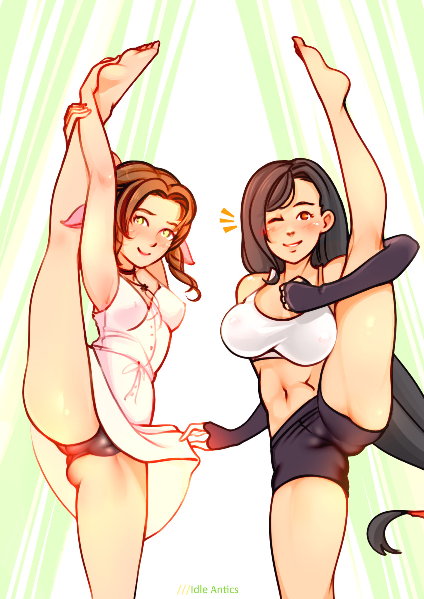 2girls aerith_gainsborough artist_name bike_shorts black_hair black_panties black_shorts breasts brown_eyes brown_hair cameltoe cleavage crop_top dress dress_lift final_fantasy final_fantasy_vii final_fantasy_vii_remake green_eyes highres idle_antics leg_up looking_at_viewer multiple_girls panties pink_dress shorts smile split standing standing_on_one_leg standing_split tifa_lockhart underwear