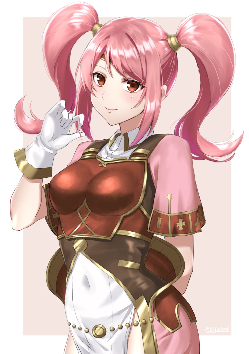 1girl arm_behind_back armor bangs breastplate closed_mouth collared_dress covered_navel fire_emblem fire_emblem_echoes:_shadows_of_valentia gloves highres holding holding_hair long_hair mae_(fire_emblem) red_eyes shinae short_sleeves simple_background smile solo twintails upper_body white_gloves