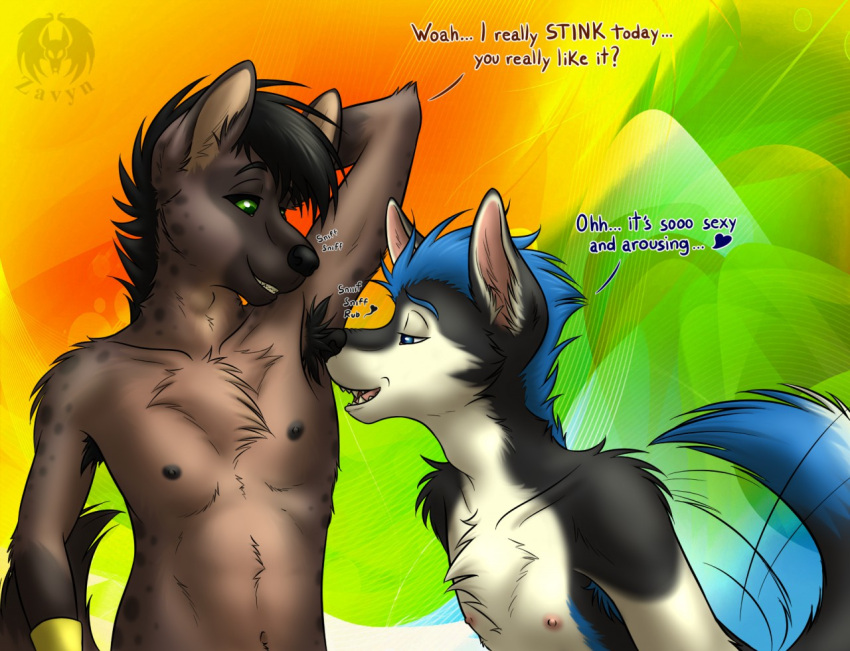 &lt;3 anthro armpit_fetish armpit_hair armpit_play armpit_sniffing black_body black_fur black_nipples blue_body blue_eyes blue_fur body_hair canid canine canis chest_tuft dialogue domestic_dog duo english_text fur green_eyes husky hyaenid male male/male mammal multicolored_body multicolored_fur musk nipples nordic_sled_dog onomatopoeia pink_nipples simple_background sniffing sound_effects spitz tailwag text tuft white_body white_fur zavyn