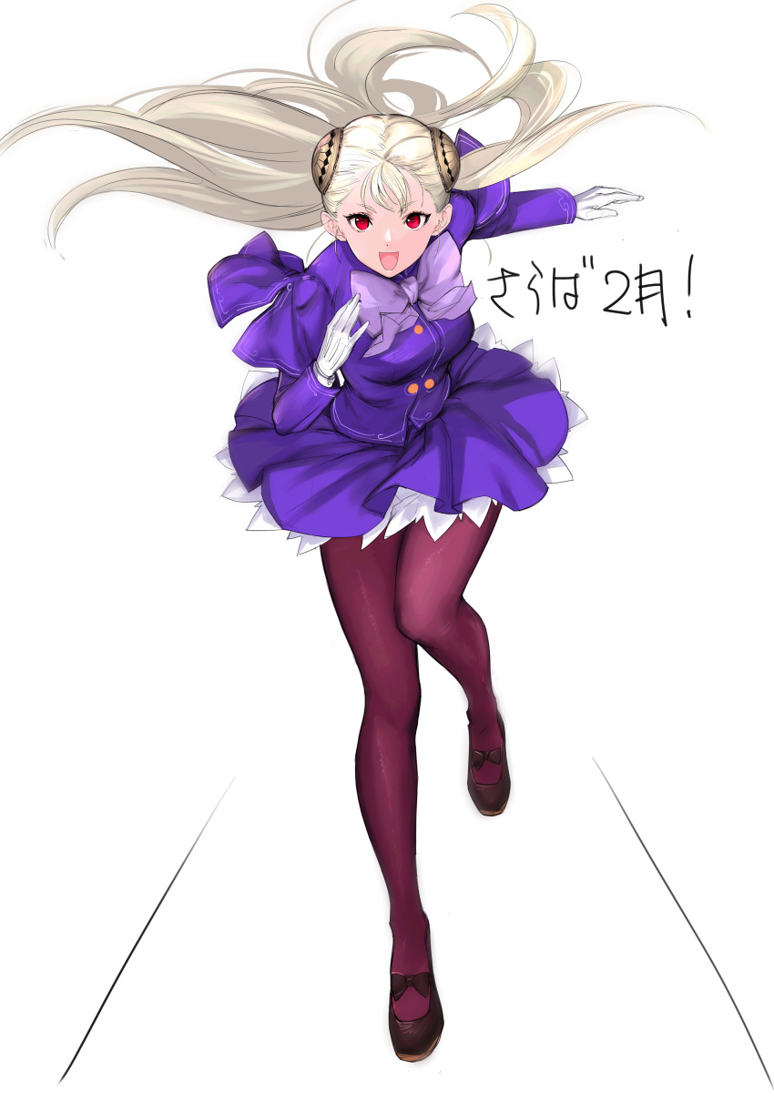 1girl absurdres albino capcom_fighting_jam commentary_request gloves hairpods highres ingrid jacket long_sleeves mary_janes open_mouth pantyhose purple_jacket purple_ribbon purple_skirt red_eyes ribbon shoes skirt solo tetsu_(kimuchi) translation_request underskirt white_gloves white_hair