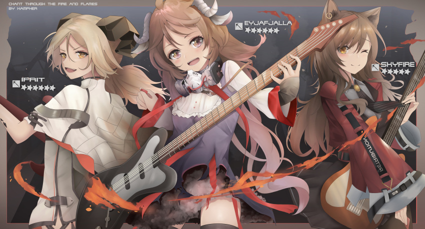 3girls absurdres animal_ears arknights back black_background black_legwear breasts brown_hair cat_ears cat_tail curled_horns dress eyjafjalla_(arknights) gas_mask goat_horns gradient gradient_background gradient_legwear grey_dress guitar highres horns ifrit_(arknights) instrument jacket kampher_(yekxiong) large_tail long_hair long_sleeves looking_at_viewer mask_around_neck medium_breasts multiple_girls one_eye_closed open_mouth oripathy_lesion_(arknights) platinum_blonde_hair red_jacket red_legwear respirator rhine_lab_logo sheep_ears sheep_horns skyfire_(arknights) small_breasts smile tail thighhighs tied_hair torn_coat