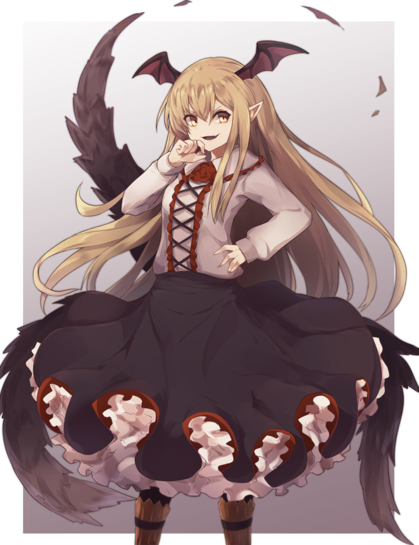 1girl bat_wings black_legwear black_skirt blonde_hair boots brown_footwear collared_shirt commentary_request cross-laced_clothes frilled_skirt frills granblue_fantasy hair_between_eyes head_wings highres long_hair long_sleeves looking_to_the_side pointy_ears shingeki_no_bahamut shirt skirt sleeves_past_wrists smile smug solo v-shaped_eyebrows vampy very_long_hair wing_collar wings yellow_eyes yonaga