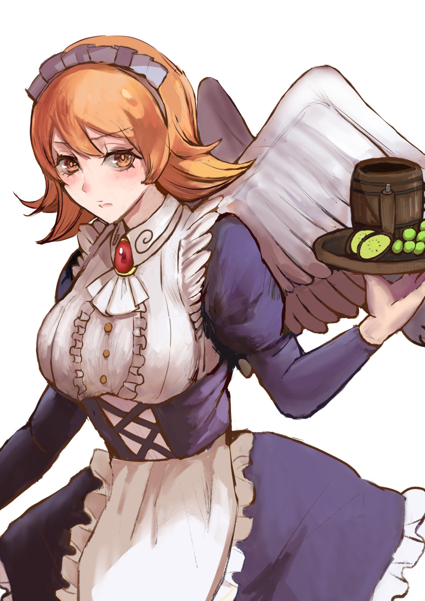 absurd_res accessory apron breasts clothing feathered_wings feathers female food frilly frilly_accessory frilly_apron frilly_clothing frilly_hairband hair hair_accessory hairband hi_res holding_tray humanoid ishuzoku_reviewers maid_headband maid_uniform meidri orange_hair sasasa7496 simple_background solo tray uniform white_background winged_humanoid wings