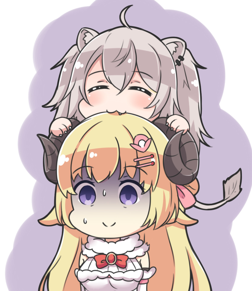 2girls :3 ahoge animal_ear_fluff animal_ears bangs biting blonde_hair bow breasts claws closed_eyes closed_mouth commentary_request detached_sleeves dress eyebrows_visible_through_hair facing_viewer fang grey_hair hair_between_eyes hair_ornament hairclip head_biting highres hololive large_breasts lion_ears lion_girl lion_tail long_hair multiple_girls purple_background purple_eyes red_bow rutorifuki shishiro_botan smile tail tsunomaki_watame turn_pale two-tone_background two_side_up upper_body very_long_hair virtual_youtuber white_background white_dress white_sleeves