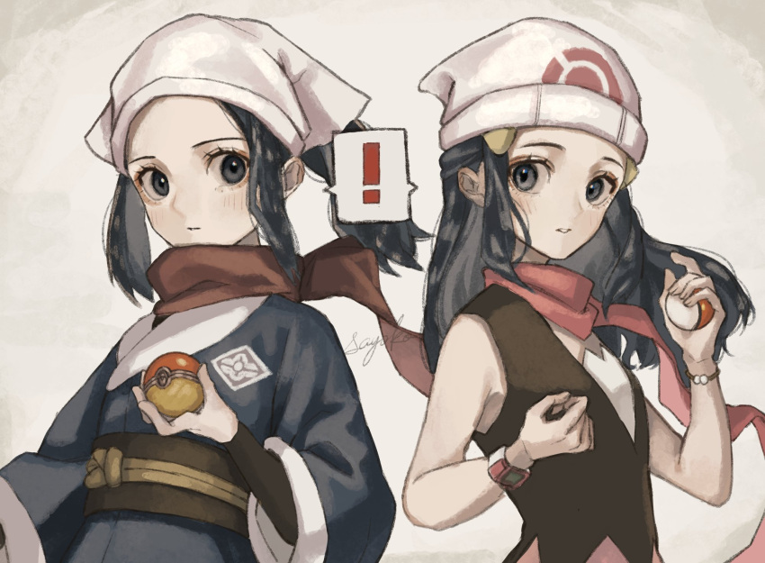 2girls bangs barrette beanie black_hair black_legwear black_shirt blue_eyes blush buttons dawn_(pokemon) dress eyelashes female_protagonist_(pokemon_legends:_arceus) floating_scarf grey_eyes hair_ornament hat head_scarf highres long_hair long_sleeves looking_at_viewer multiple_girls open_mouth over-kneehighs pink_footwear pink_skirt pokemon pokemon_(game) pokemon_dppt pokemon_legends:_arceus ponytail red_dress red_scarf sash sayosny2 scarf shirt sidelocks simple_background skirt sleeveless sleeveless_shirt smile thighhighs white_headwear white_legwear winter_clothes