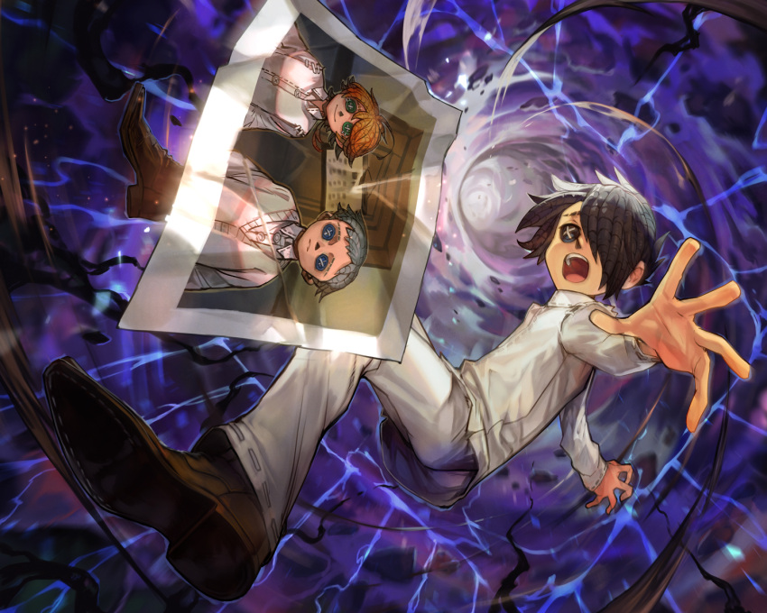 1girl 2boys abstract_background ahoge black_eyes black_hair blue_background blue_eyes boots brown_footwear button_eyes buttons commentary door emma_(yakusoku_no_neverland) full_body green_eyes hair_over_one_eye highres hungry_clicker identity_v indoors long_sleeves multiple_boys norman_(yakusoku_no_neverland) official_art open_mouth orange_hair outstretched_arm pants photo_(object) ray_(yakusoku_no_neverland) reaching serious shirt short_hair sign smile stitches sweater sweater_vest upper_teeth upset white_hair white_pants white_shirt white_sweater wormhole yakusoku_no_neverland yarn