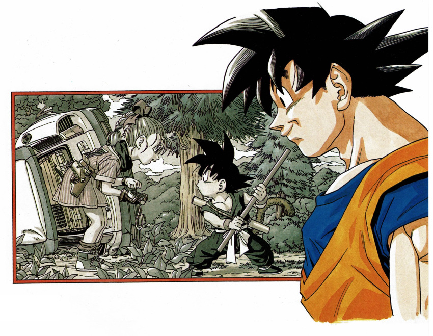 1girl 2boys arms_at_sides bent_over black_eyes black_hair blue_shirt boots border braid braided_ponytail brown_gloves bulma bush car closed_mouth clothes_writing cloud cloudy_sky collarbone cropped_torso damaged dougi dragon_ball dragon_ball_(classic) dragon_ball_z dragon_radar dress dual_persona eyelashes facing_away forest from_side frown gloves grass greyscale ground ground_vehicle gun hair_ribbon handgun happy highres holding holding_weapon holster looking_afar looking_at_another loose_socks monkey_tail monochrome motor_vehicle multiple_boys muscular nature nyoibo official_art orange_shirt partially_colored pectorals pine_tree pistol plant pointing profile red_border ribbon scarf shaded_face shirt short_dress single_glove sky smile socks son_goku spiked_hair striped striped_dress tail teeth toriyama_akira tree upper_teeth watch weapon white_border wrinkles wristwatch younger