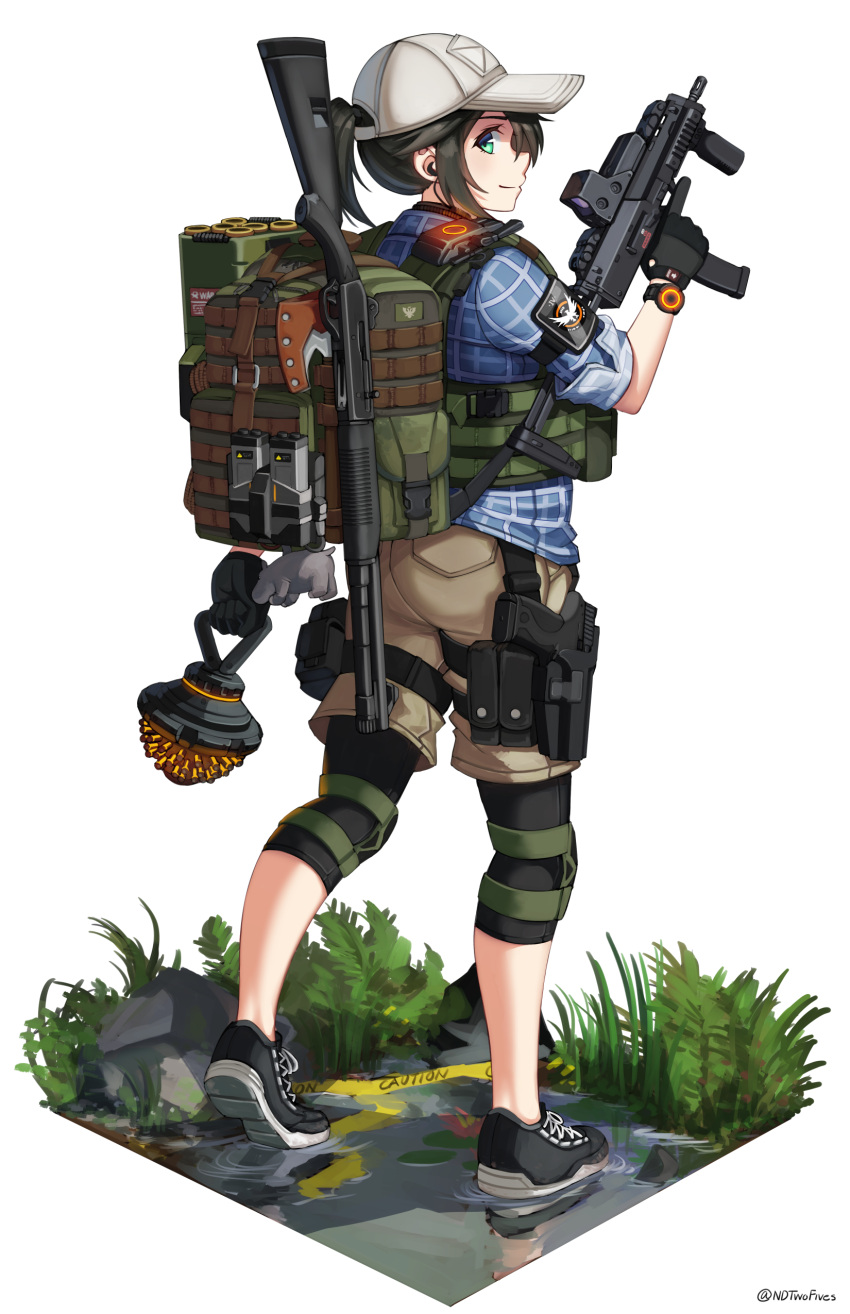 1girl absurdres backpack bag bag_charm baseball_cap black_footwear black_hair black_legwear blue_shirt brown_shorts caution_tape charm_(object) closed_mouth commentary_request earpiece green_eyes gun h&amp;k_mp7 hand_up handgun hat hatchet highres holding holding_gun holding_weapon holster leggings looking_at_viewer looking_back ndtwofives original pistol ponytail profile shallow_water shirt shoe_soles shoes short_shorts short_sleeves shorts shotgun smile solo submachine_gun thigh_holster tom_clancy's_the_division trigger_discipline water weapon weapon_request western_hatchet white_background white_headwear