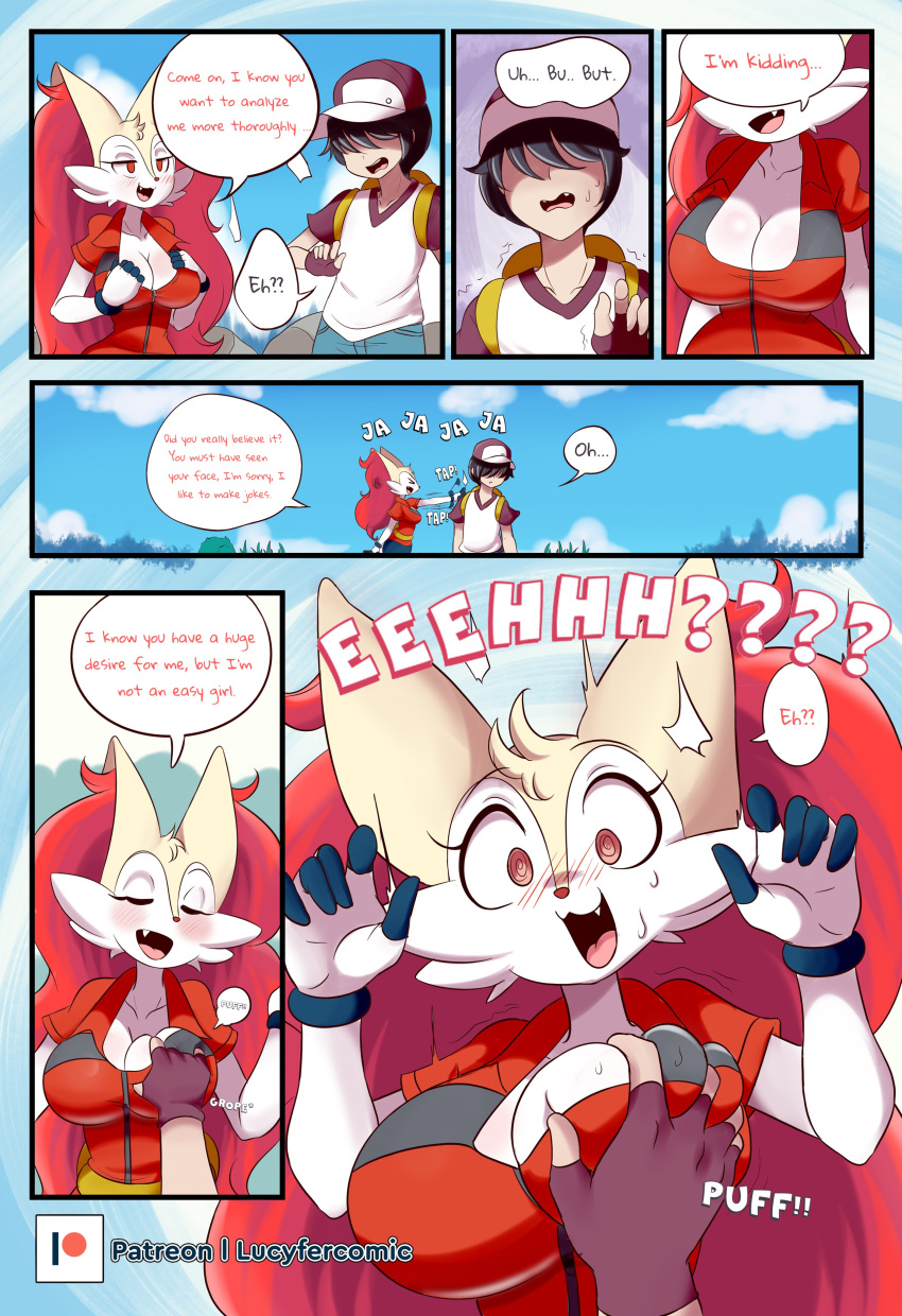 absurd_res anthro braixen bray_(lucyfercomic) breast_grab breasts clothing duo female hair_over_eyes hand_on_breast hat headgear headwear hi_res human laugh lucyfercomic male mammal nintendo pok&eacute;mon pok&eacute;mon_(species) pok&eacute;mon_trainer speech_bubble text video_games