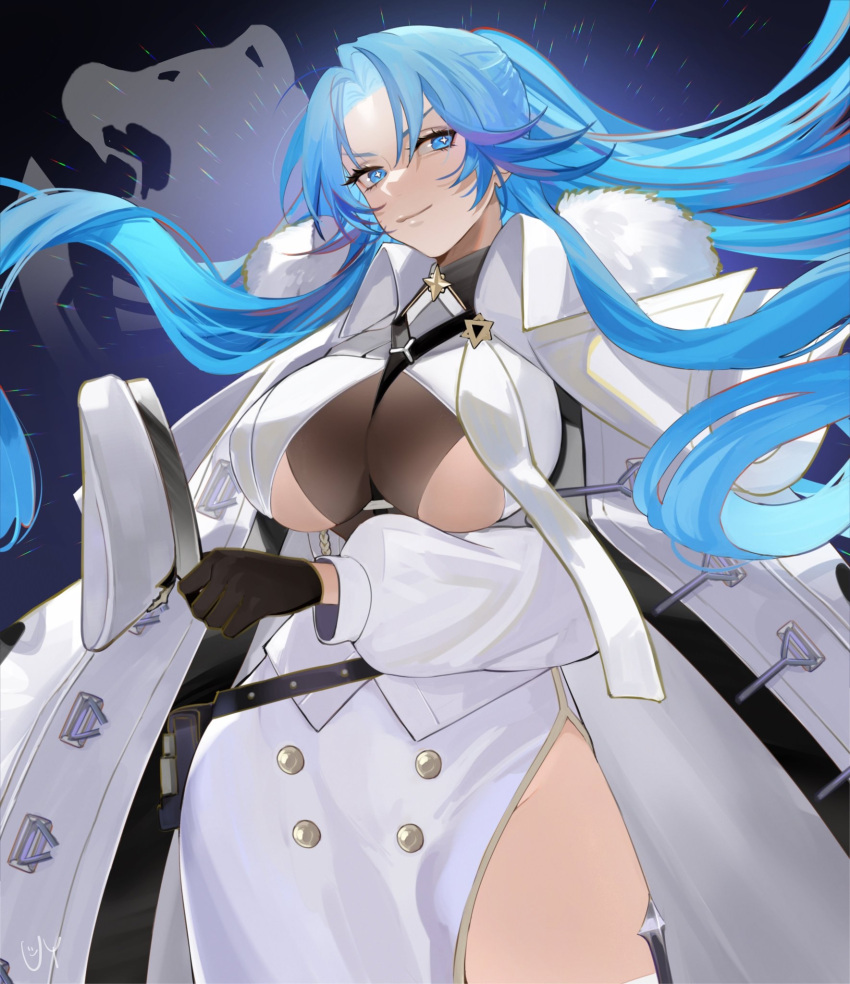 1girl azur_lane bangs bear belt belt_pouch between_breasts black_gloves blue_eyes blue_hair breasts center_opening clothing_cutout coat contrapposto cowboy_shot eyebrows_visible_through_hair floating_hair fur_trim gloves hat highres holding holding_clothes holding_hat jacket large_breasts long_hair long_sleeves looking_at_viewer loose_belt military military_uniform no_panties parted_bangs peaked_cap ponytail pouch puffy_long_sleeves puffy_sleeves revealing_clothes side_slit sidelocks skirt smile solo sovetskaya_belorussiya_(azur_lane) thighhighs underboob underboob_cutout underbust uniform uyuyuun very_long_hair white_coat white_headwear white_jacket white_legwear white_skirt