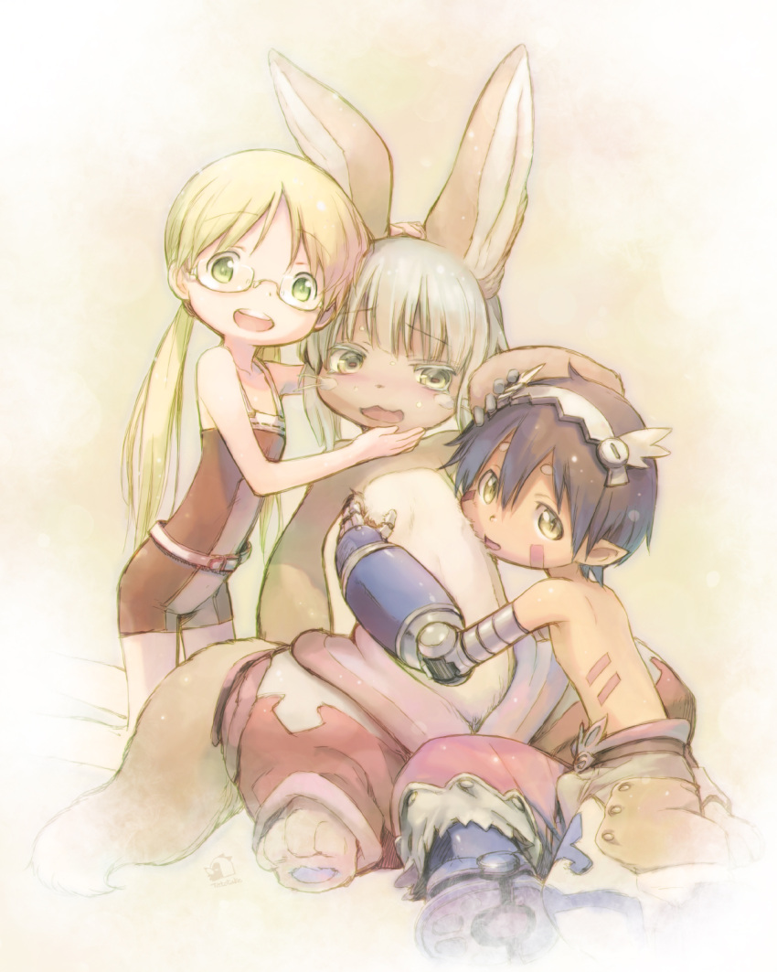 4:5 anthro blush bottomwear bulge caress clothed clothing cuddling eyewear feet female fur glasses green_eyes group hi_res human humanoid_pointy_ears kneeling lagomorph leporid looking_at_viewer machine made_in_abyss male mammal nanachi pants partially_clothed pawpads rabbit regu riko_(made_in_abyss) robot simple_background sitting tagme tatotake_mono toes topless young