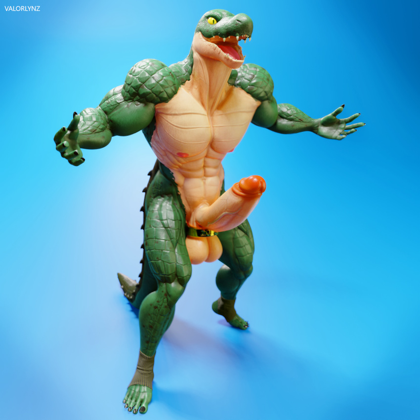 3d_(artwork) anthro big_(disambiguation) connivingrat crocodilian digital_media_(artwork) genitals hi_res male nude penis reptile scalie solo valorlynz wrestler