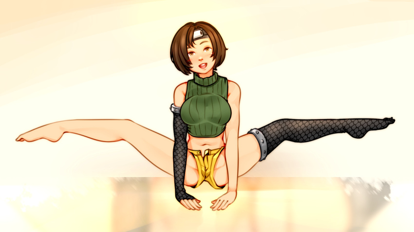 1girl arm_support black_hair brown_eyes elbow_gloves final_fantasy final_fantasy_vii fingerless_gloves fishnet_gloves fishnet_legwear fishnets forehead_protector gloves headband highres idle_antics navel open_fly open_mouth short_hair short_shorts shorts single_glove single_thighhigh sleeveless sleeveless_turtleneck solo split spread_legs stomach thighhighs turtleneck yuffie_kisaragi