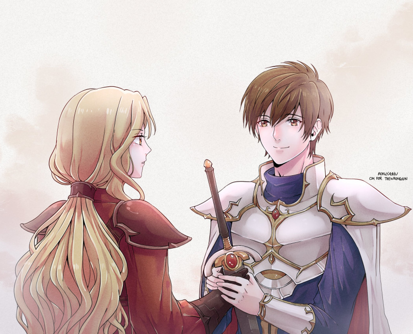 1boy 1girl armor blonde_hair brigid_(fire_emblem) brown_hair cape eyvel fire_emblem fire_emblem:_genealogy_of_the_holy_war fire_emblem:_thracia_776 gloves highres holding leif_(fire_emblem) long_hair rokusashu simple_background sword tied_hair weapon