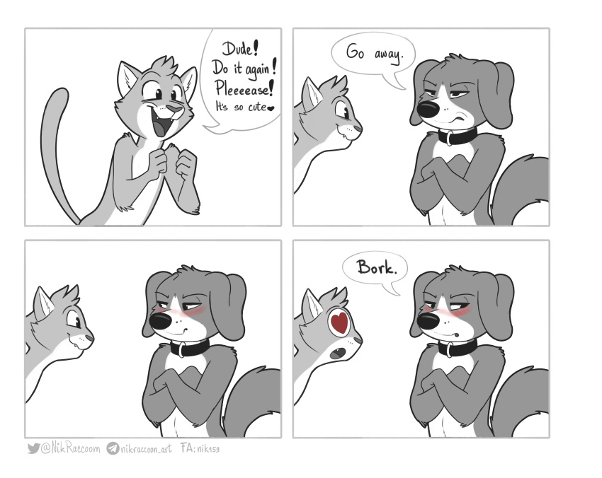 &lt;3 &lt;3_eyes 2021 absurd_res annoyed anthro barking blush canid canine canis collar comic crossed_arms dialogue digital_drawing_(artwork) digital_media_(artwork) domestic_cat domestic_dog duo english_text felid feline felis flustered frown greyscale hi_res male mammal monochrome nik159 open_mouth smile text url