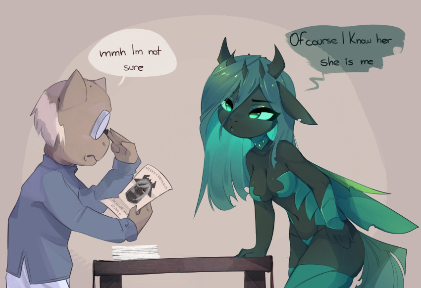 absurd_res arthropod breasts changeling cleavage clothed clothing eyewear friendship_is_magic furniture glasses hasbro hi_res insect_wings magnaluna male my_little_pony poor queen_chrysalis_(mlp) table wanted_poster wings