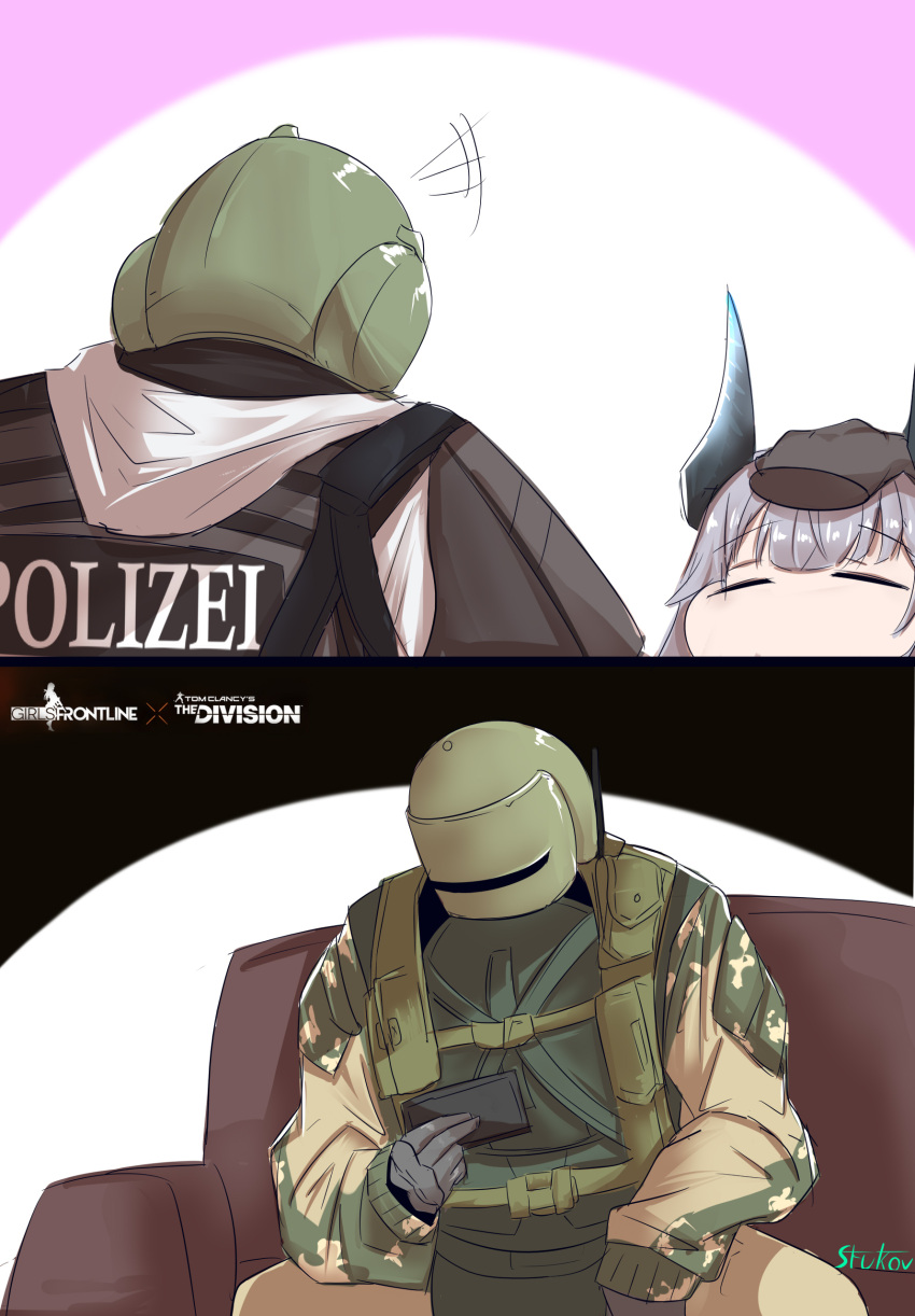 1girl 2boys absurdres arknights blitz_(rainbow_six_siege) body_armor camouflage_print cellphone closed_eyes crossover disembodied_limb english_text german_text girls_frontline gloves helmet highres liskarm_(arknights) military military_uniform multiple_boys petting phone police police_uniform rainbow_six_siege stukov tachanka_(rainbow_six_siege) tactical_clothes uniform