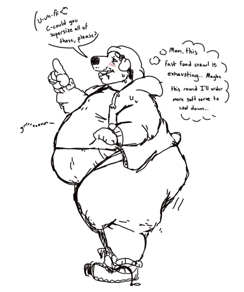 anthro big_butt black_and_white blush bodily_fluids butt canid canine canis clothing crustypelican3 dialogue domestic_dog english_text female hi_res humanoid jacket mammal mastiff molosser monochrome obese overweight overweight_female partially_colored rosie_(crustypelican3) rottweiler sketch solo stretch_marks stuffing sweat sweatpants text thick_thighs thought_bubble tight_clothing topwear