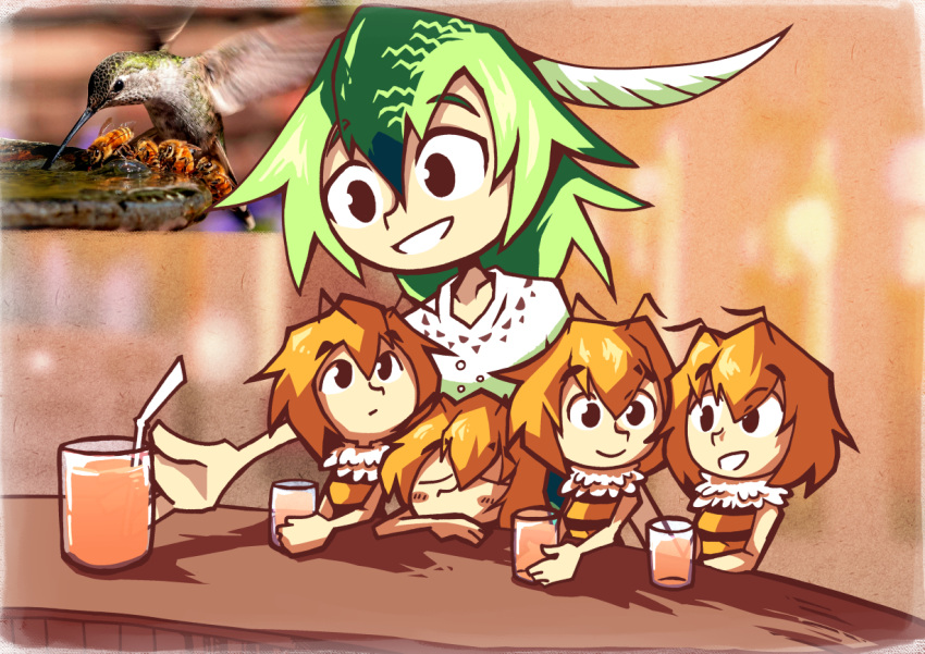 5girls antennae bar bare_shoulders bee bird bug commission drinking_straw glass green_hair hummingbird insect looking_at_another multiple_girls open_mouth orange_hair original personification reference_photo setz size_difference smile