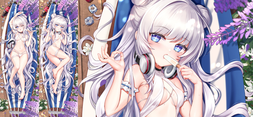 +_+ 1girl arm_garter arm_up azur_lane bare_legs barefoot bikini black_choker blue_eyes blush breasts chinese_commentary choker dakimakura_(medium) double_bun eating eyebrows_visible_through_hair flower food from_above full_body hair_bun hammock headphones headphones_around_neck headphones_removed highres holding holding_food ice ice_cube jiushi_shijiu le_malin_(azur_lane) le_malin_(wednesday's_retreat)_(azur_lane) lips long_hair looking_at_viewer lying medium_breasts midriff multiple_views navel official_alternate_costume ok_sign on_back on_side one_eye_closed open_mouth popsicle silver_hair soda_bottle soles stomach swimsuit thighs underboob very_long_hair white_bikini wisteria wooden_floor