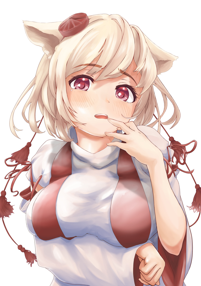 1girl absurdres animal_ears bangs blush breast_hold breasts detached_sleeves eyebrows_visible_through_hair hand_to_own_mouth hat highres inubashiri_momiji large_breasts looking_at_viewer open_mouth red_eyes risiyun shirt short_hair simple_background solo tokin_hat touhou turtleneck white_background white_hair white_shirt wide_sleeves wolf_ears wolf_girl