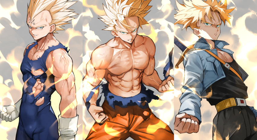 3boys abs absurdres aqua_eyes bare_shoulders belt belt_buckle blonde_hair blue_jacket buckle clenched_hands collarbone cowboy_shot cropped_jacket dragon_ball dragon_ball_z father_and_son gloves grin highres jacket looking_at_viewer majin_vegeta multiple_boys muscular muscular_male pectorals serious sheath sheathed shirtless skin_tight smile son_goku spiked_hair super_saiyan super_saiyan_1 sword torn_clothes trunks_(future)_(dragon_ball) vegeta veins weapon white_gloves widow's_peak yoshio_(55level)