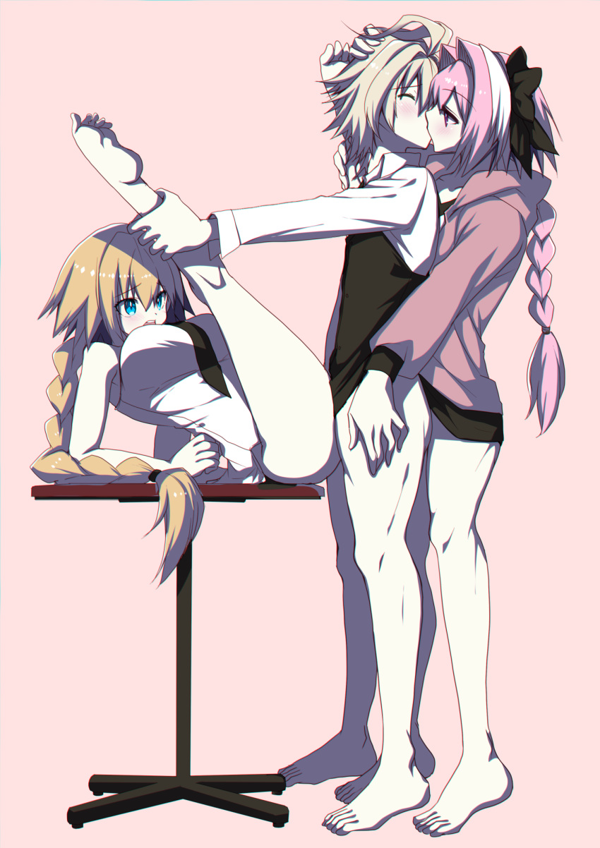 1girl 2boys ahoge arm_around_waist arm_support astolfo_(fate) bisexual_(male) black_neckwear blonde_hair blue_eyes blush bottomless bow braid closed_eyes fate/apocrypha fate_(series) food grey_hair group_sex hair_bow highres hood hoodie jacket jeanne_d'arc_(fate) jeanne_d'arc_(fate)_(all) kiss legs_up long_hair multicolored_hair multiple_boys necktie open_clothes open_jacket open_mouth pink_background pink_hair sandwiched sex shirt sieg_(fate) simple_background single_braid sleeveless sleeveless_shirt spread_legs streaked_hair tajima_yoshikazu threesome white_shirt
