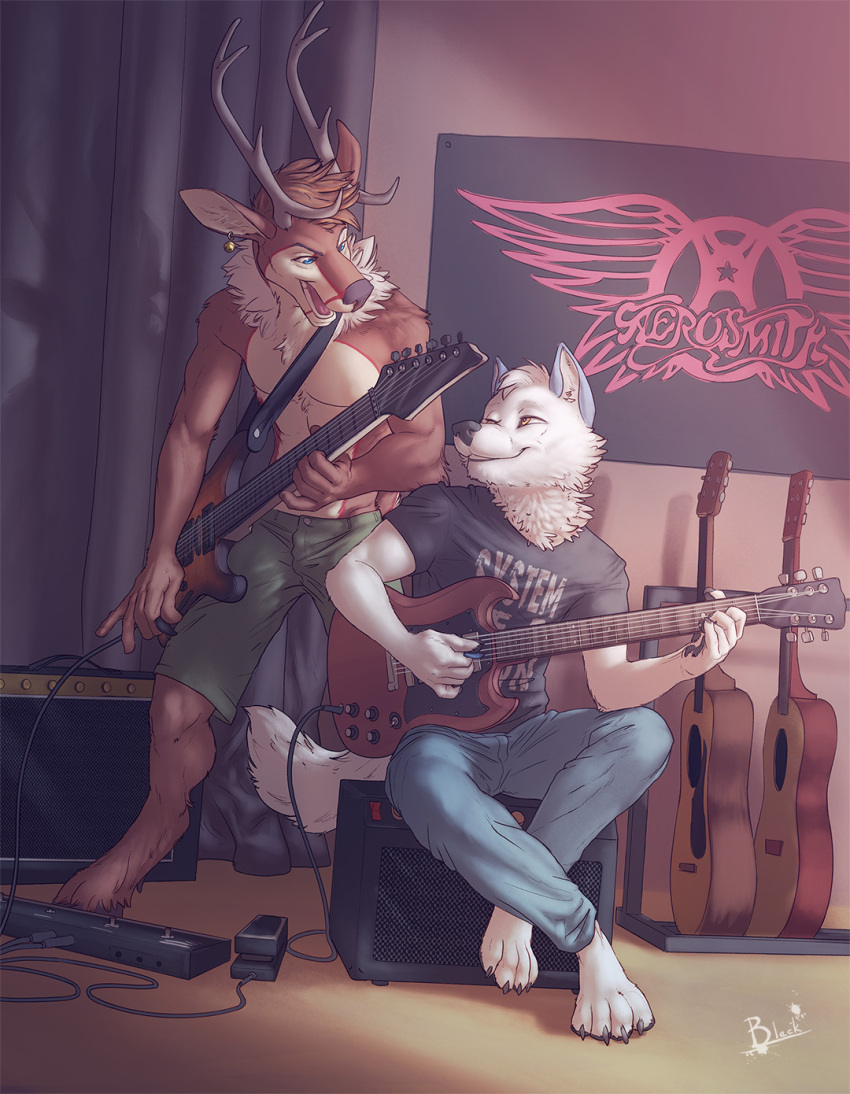 acoustic_guitar aerosmith amplifier anthro antlers bell blue_eyes bottomwear canid canine canis capreoline cervid claws clothed clothing duo ear_piercing electric_guitar guitar guitar_pick hi_res hooves horn inner_ear_fluff lion21 male mammal musical_instrument neck_tuft piercing plucked_string_instrument reindeer shirt shorts sitting standing string_instrument system_of_a_down t-shirt toe_claws topless topwear tuft wolf yellow_eyes