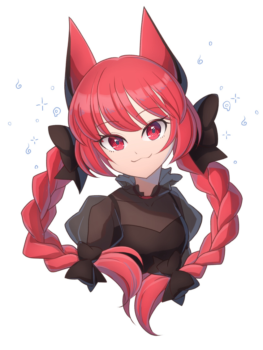 1girl :3 animal_ears bacon_(shippo_no_hito) bangs black_bow bow braid breasts cat_ears closed_mouth commentary_request covered_collarbone cropped_torso eyebrows_visible_through_hair hair_bow hair_ribbon head_tilt highres kaenbyou_rin long_hair looking_at_viewer red_eyes red_hair ribbon see-through_dress simple_background small_breasts solo touhou tress_ribbon twin_braids twintails upper_body white_background